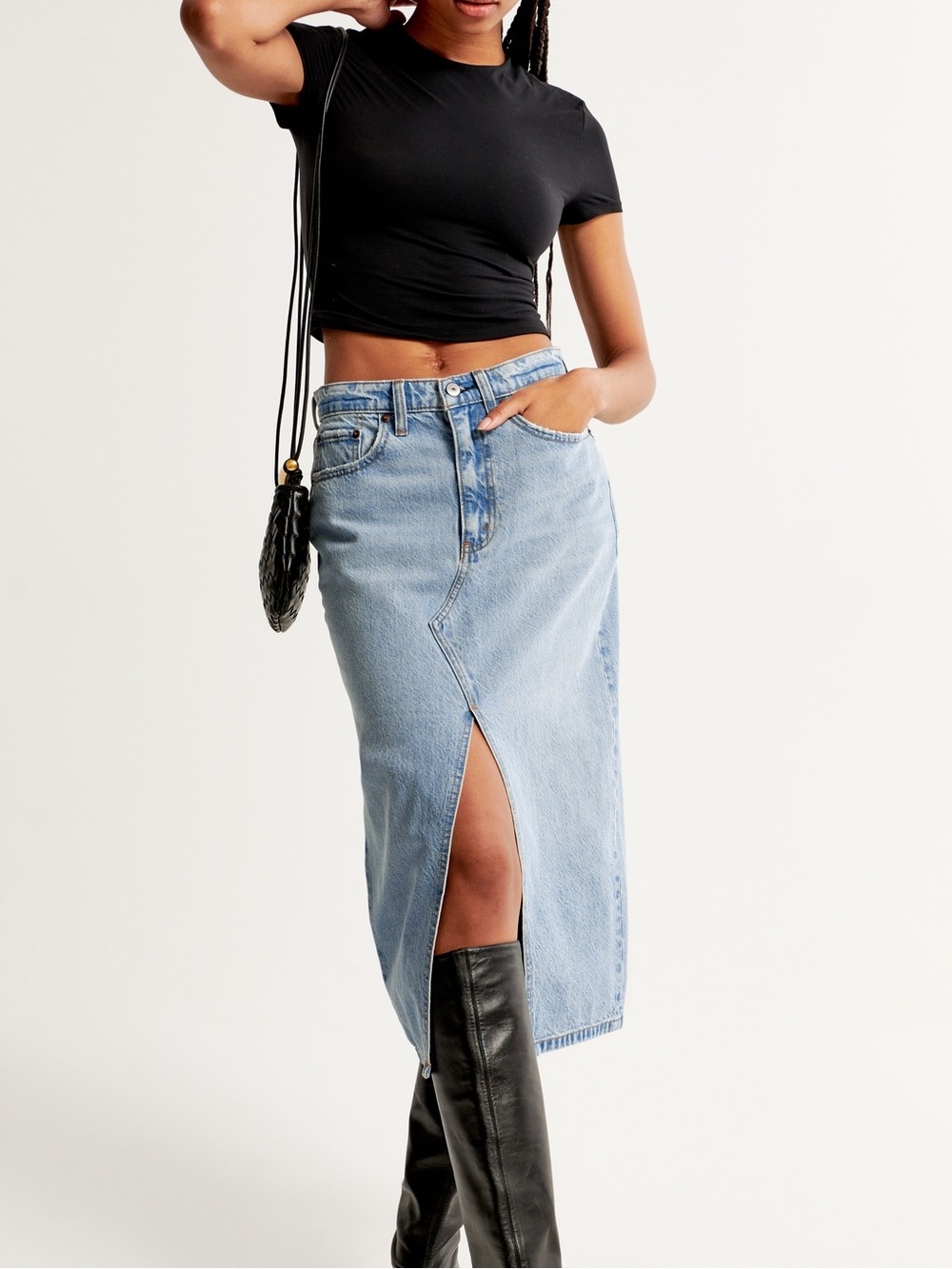Abercrombie & Fitch Light Blue Denim Midi Skirt with Front Slit